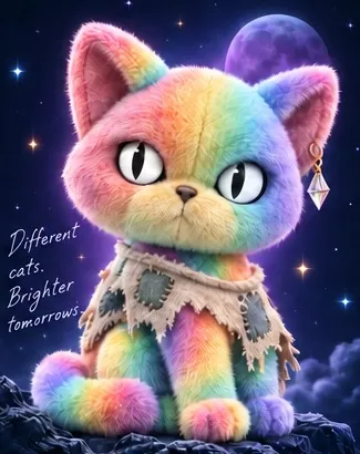 Rainbow plush cat with white eyes under a violet moon
